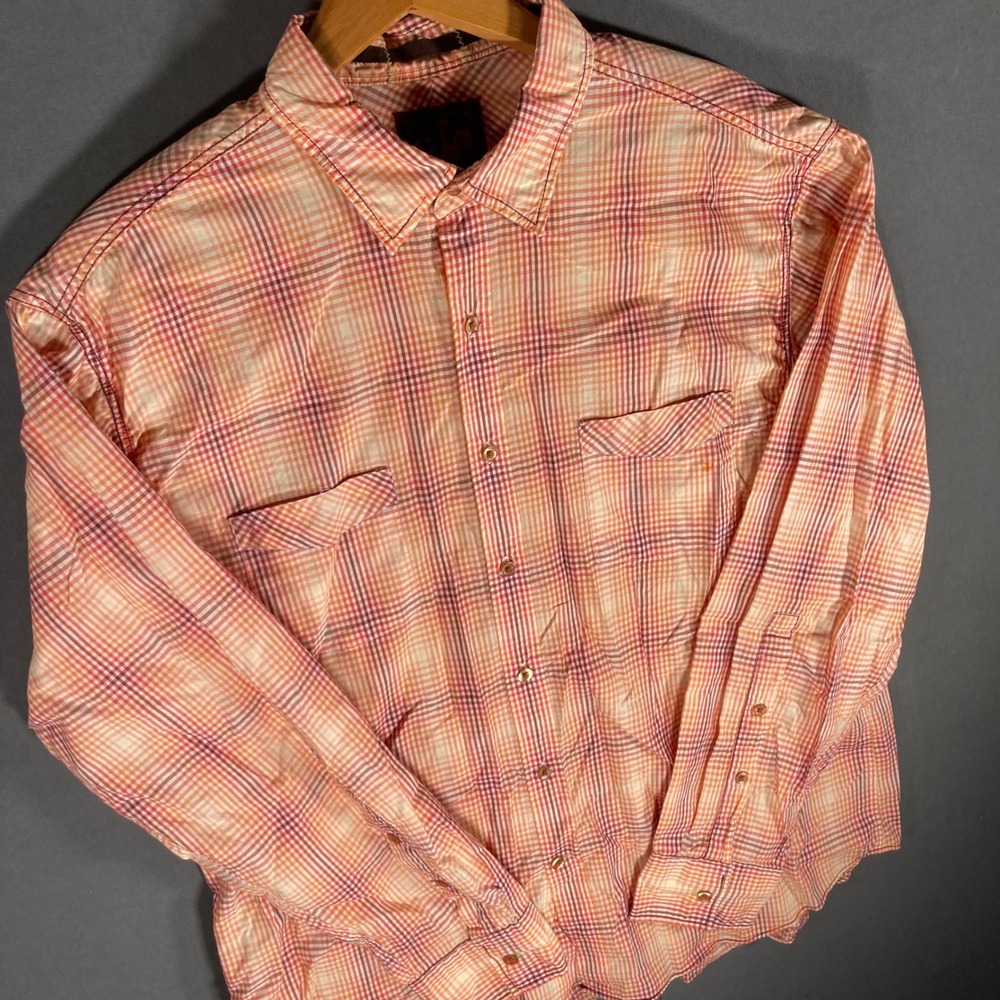 EQ Mens Button Down Shirt XL Orange Red Plaid Long‎ Sleeve Cotton Casual